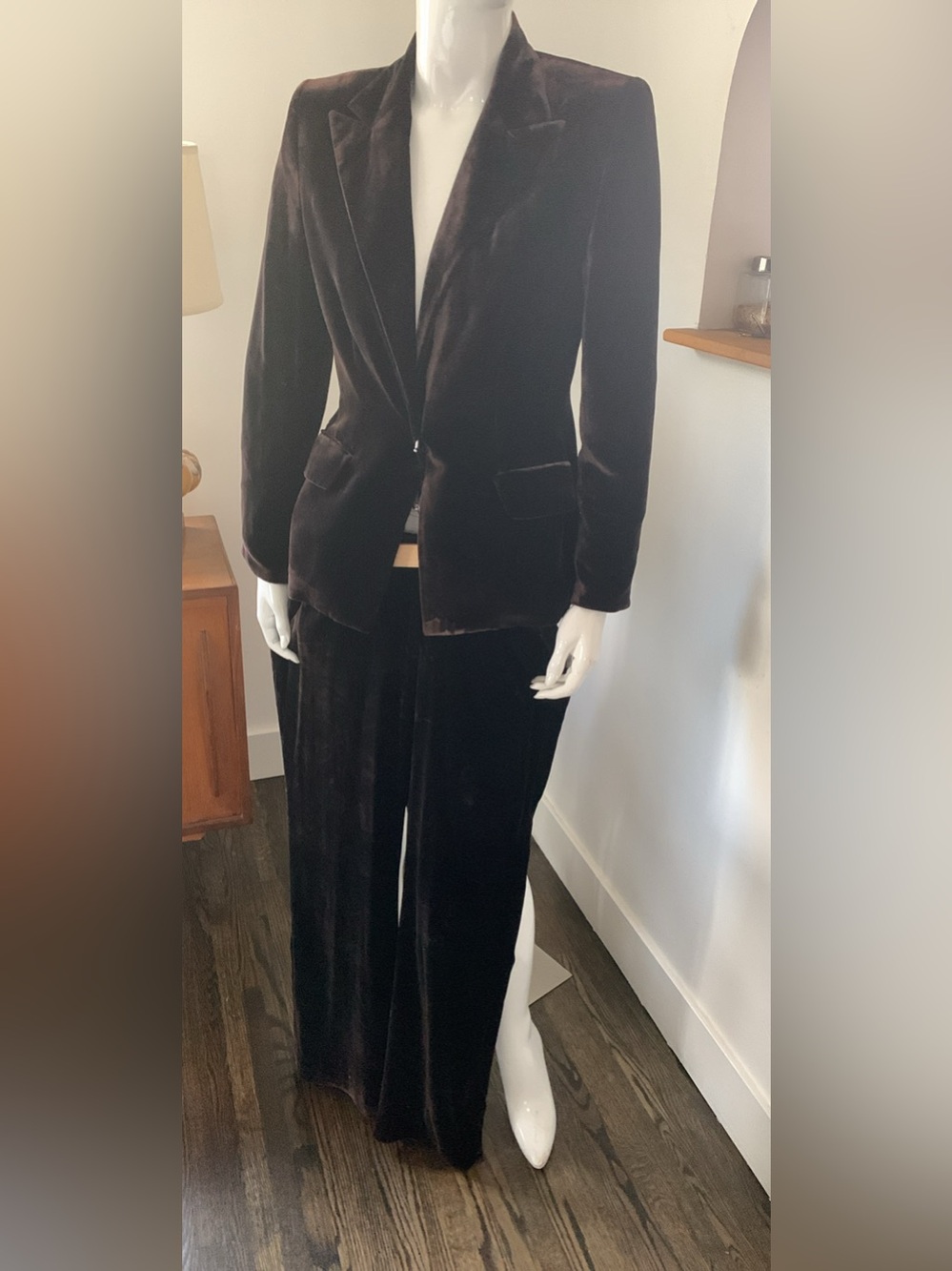 Vintage Women’s Chocolate Brown Velvet Blazer and Wide-Leg Pants & Blazer Set